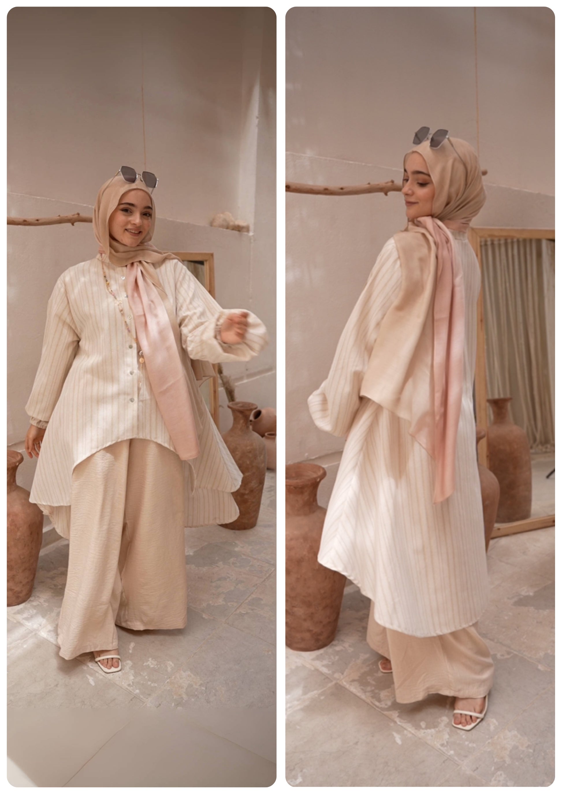 Front view of Royal Sunset Full Suit in Beige featuring a warm sunset hue and elegant tailoring. منظر أمامي لسوت Royal Sunset الكامل باللون البيج يتميز بدرجات غروب دافئة وتصميم أنيق.