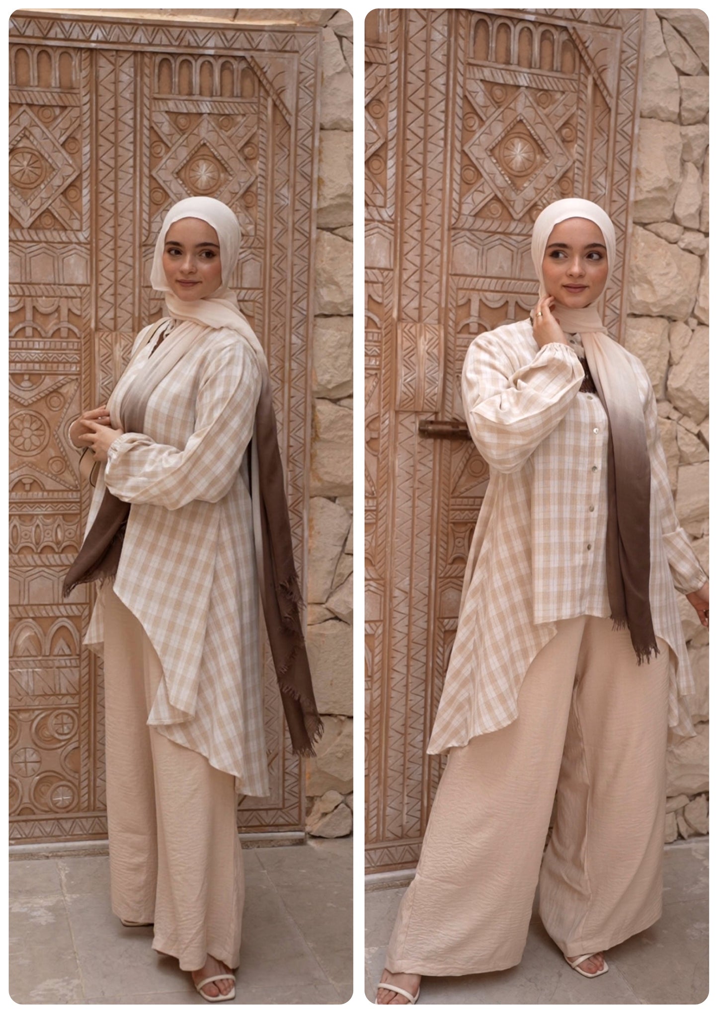 Front view of Royal Checkered Full Suit in Beige featuring a classic checkered pattern. منظر أمامي لسوت Royal Checkered الكامل باللون البيج يتميز بنقشة مربعات كلاسيكية. 