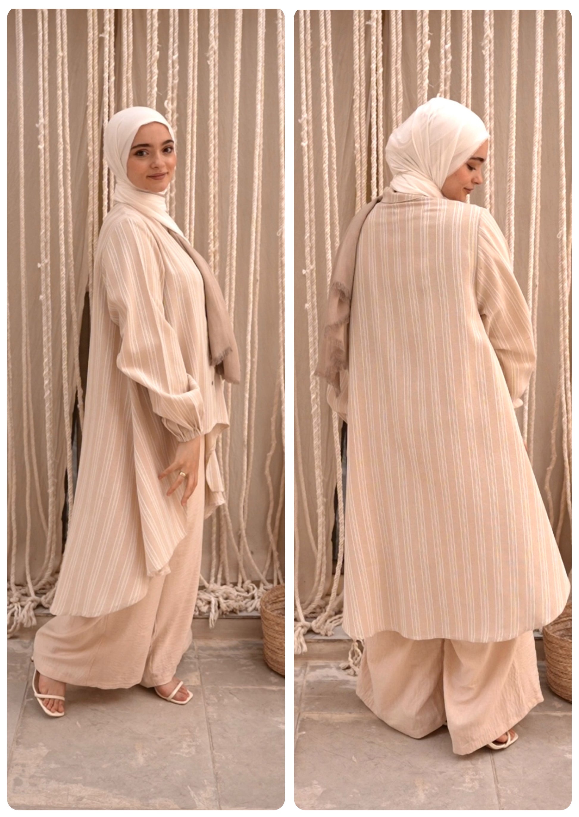 Front view of Harmony Stripe Full Suit in Beige showcasing its elegant design. منظر أمامي لسوت Harmony Stripe الكامل باللون البيج يعرض تصميمه الأنيق.  Side view of Harmony Stripe Full Suit in Beige highlighting the harmonious stripes. منظر جانبي لسوت Harmony Stripe الكامل باللون البيج يبرز الخطوط المتناسقة.